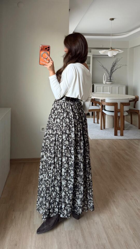 Zımba Kemerli Çiçekli Etek Haki