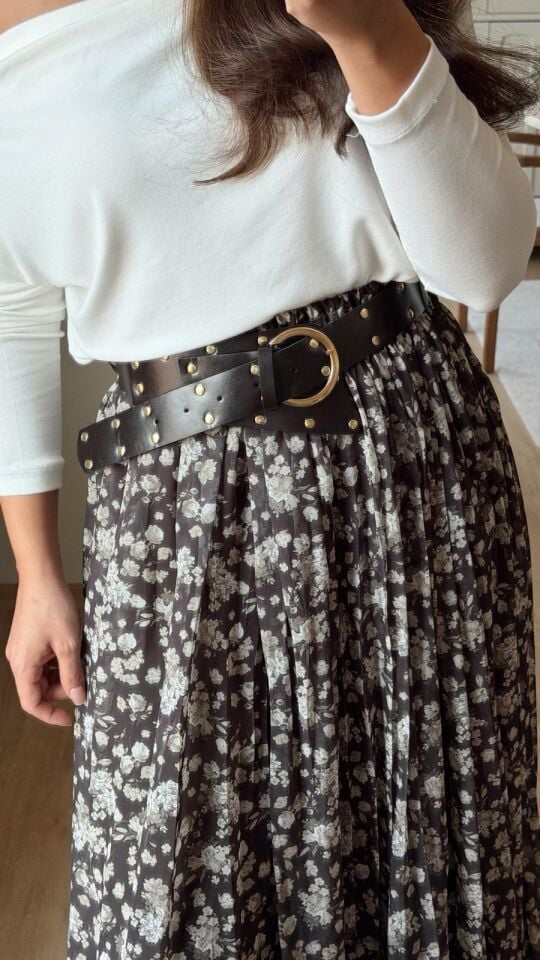 Zımba Kemerli Çiçekli Etek Haki