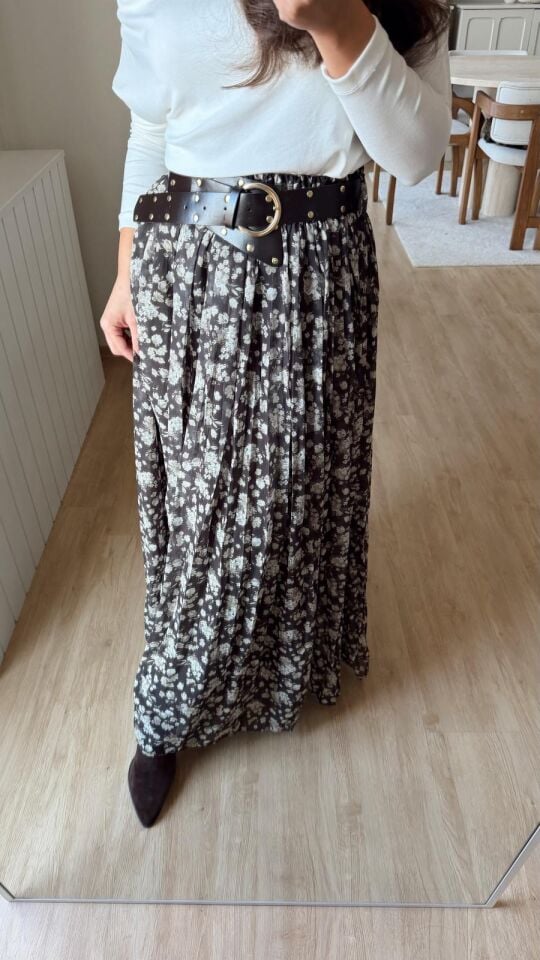 Zımba Kemerli Çiçekli Etek Haki