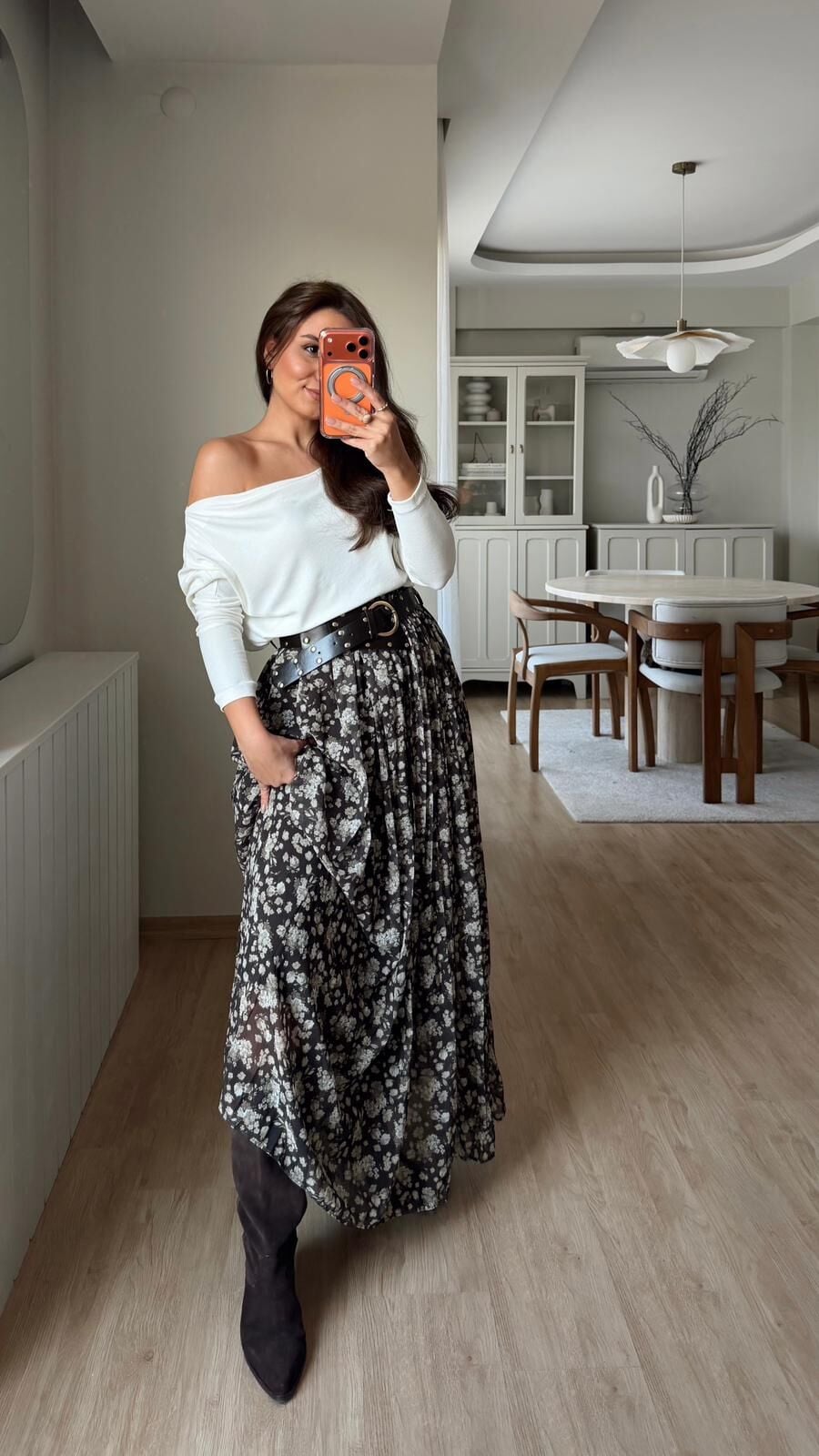 Zımba Kemerli Çiçekli Etek Haki