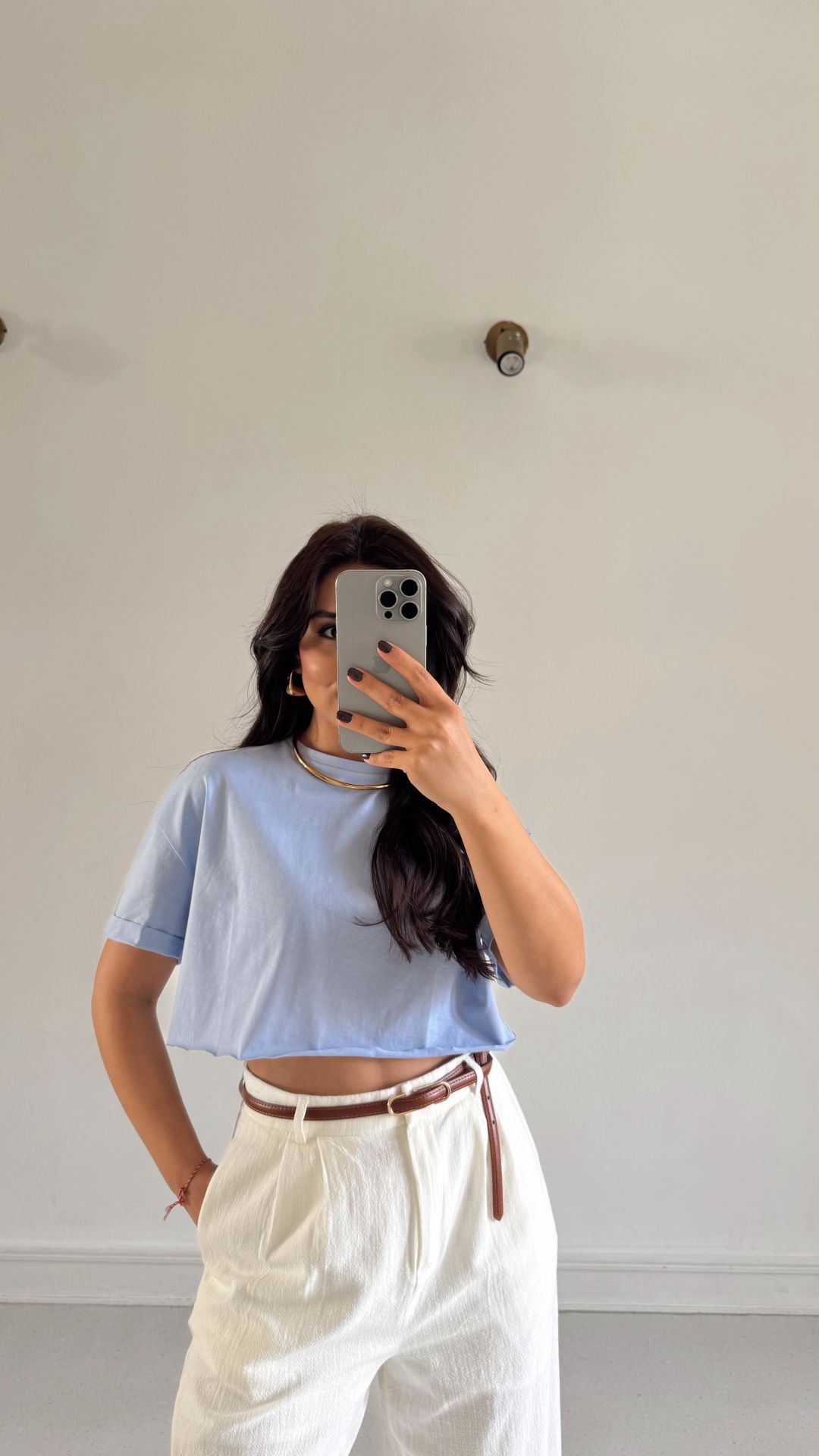 Kesik Uç Crop Tişört- Bebe Mavi