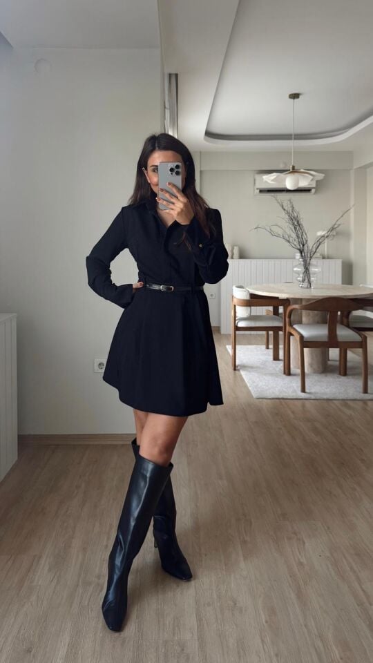 Kemerli Siyah Elbise