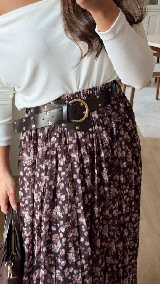 Zımba Kemerli Çiçekli Etek Kahve