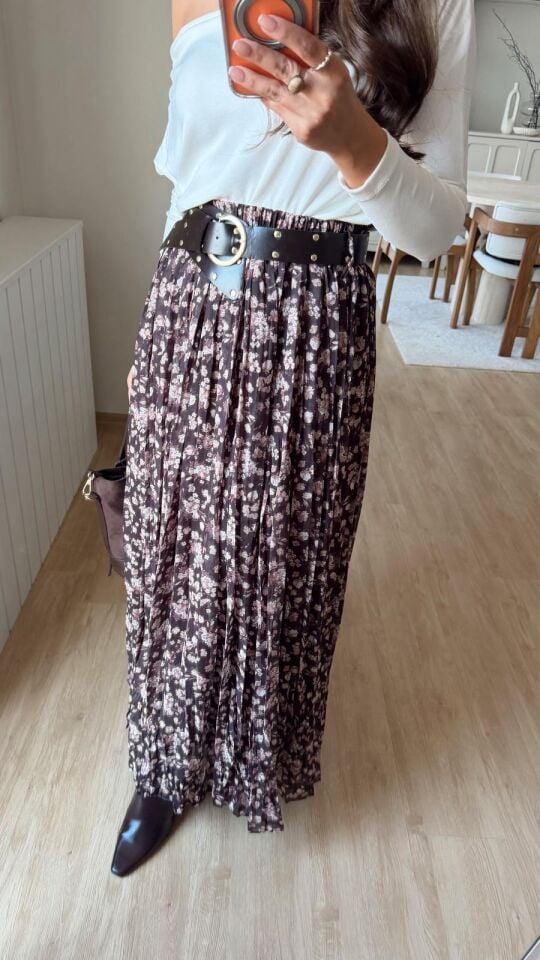 Zımba Kemerli Çiçekli Etek Kahve