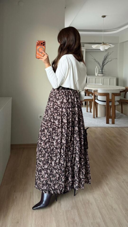 Zımba Kemerli Çiçekli Etek Kahve