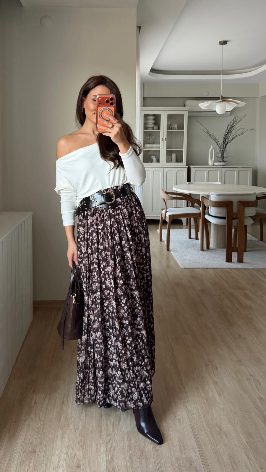 Zımba Kemerli Çiçekli Etek Kahve