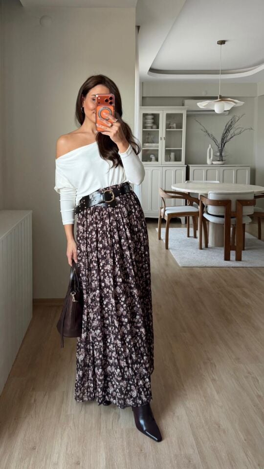 Zımba Kemerli Çiçekli Etek Kahve