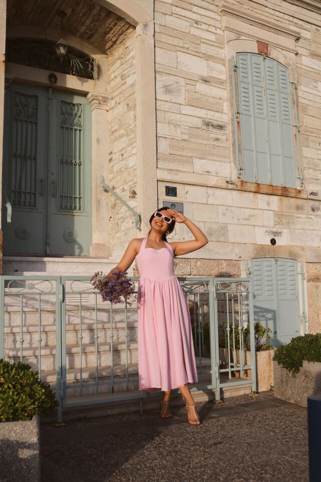 Pembe Keten Midi Elbise