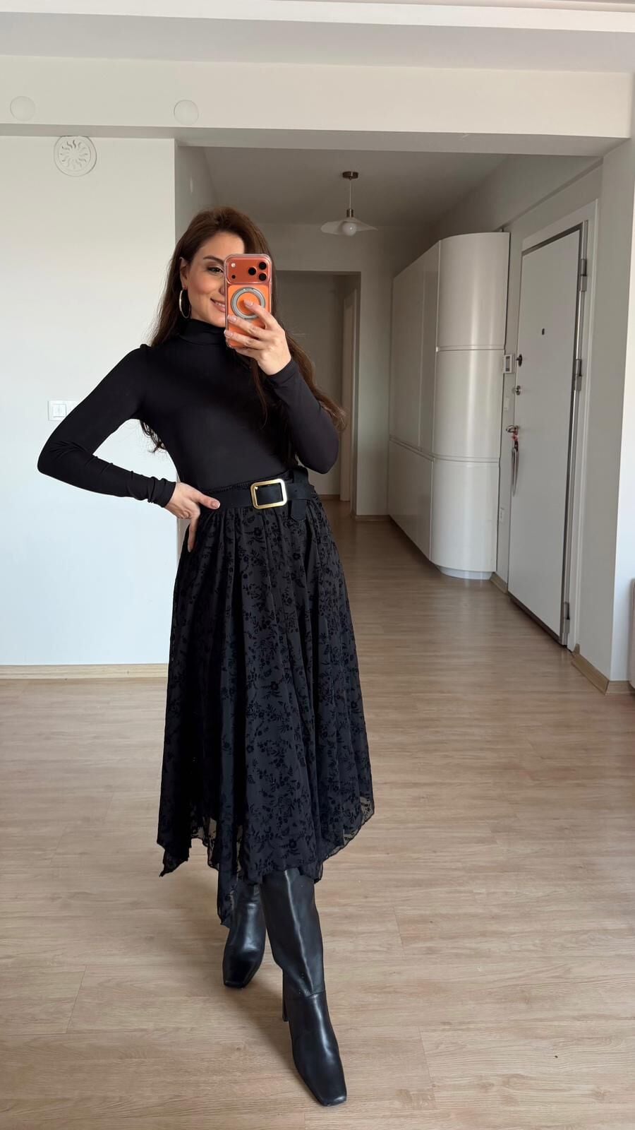 Kadife Çiçekli Mesh Etek Siyah