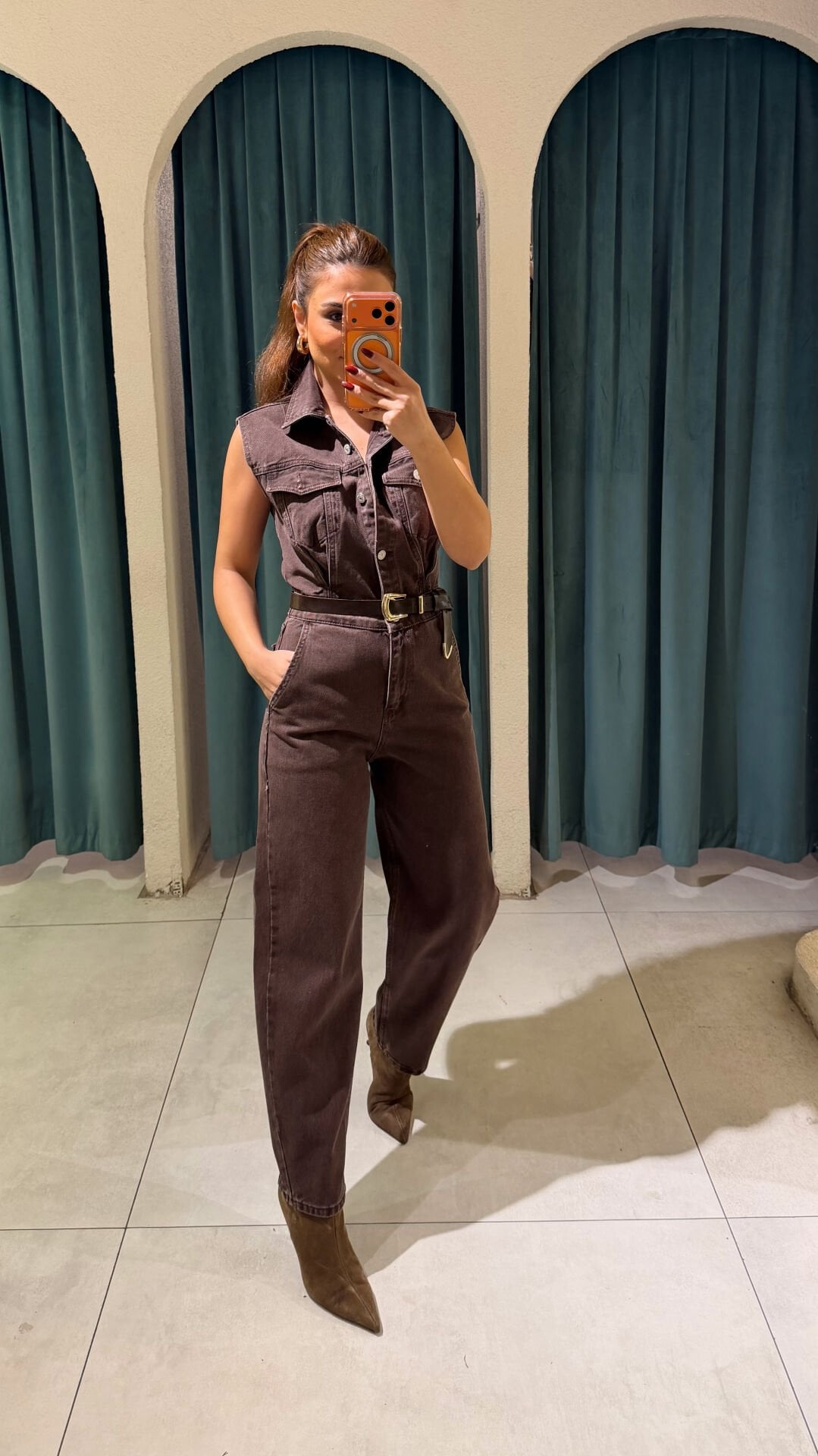 Kolsuz Denim Tulum Kahve