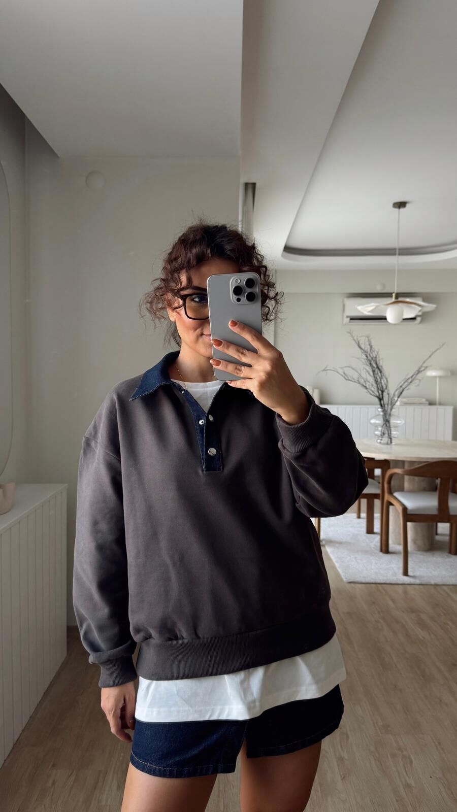 Denim Garnili Sweat Kahve