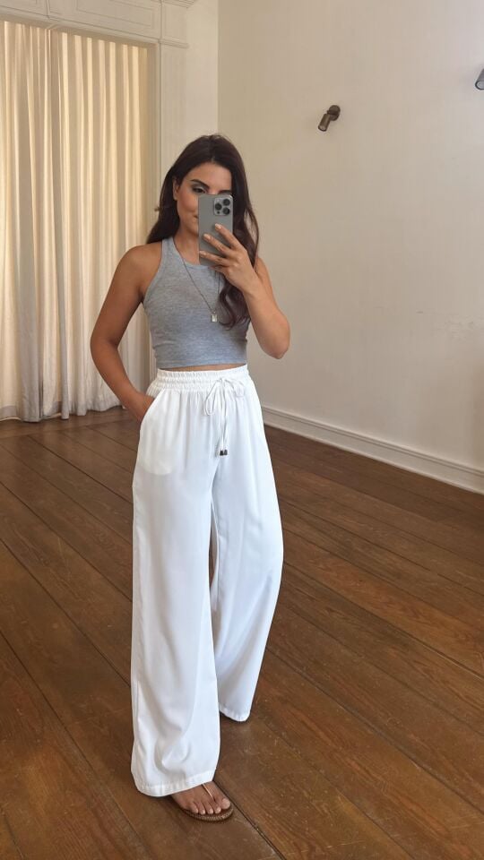 Beyaz Salaş Bol Paça Pantolon