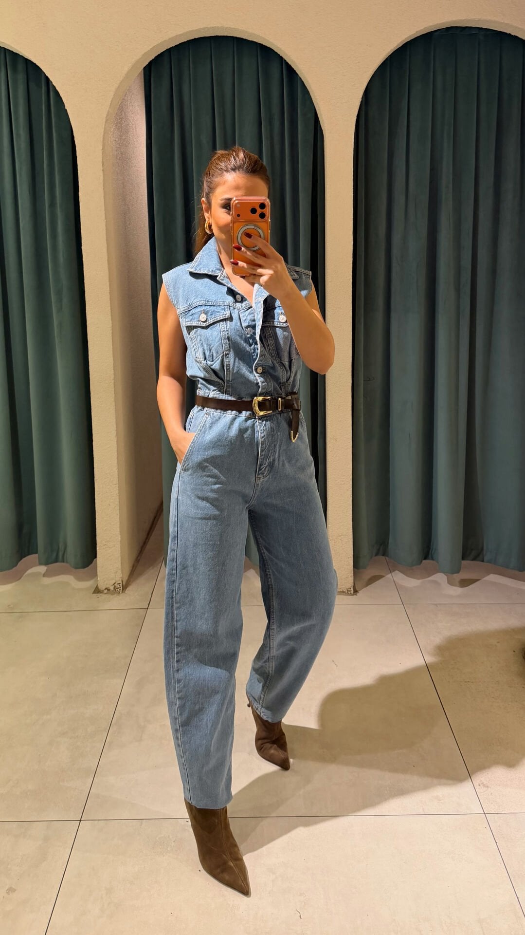 Kolsuz Denim Tulum Mavi