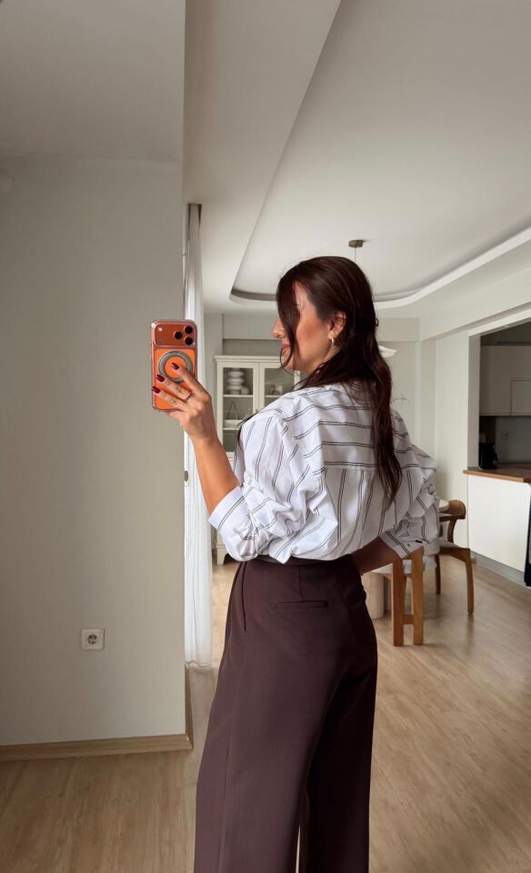 Çizgili Kahve Oversize Gömlek