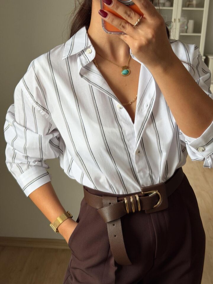 Çizgili Kahve Oversize Gömlek