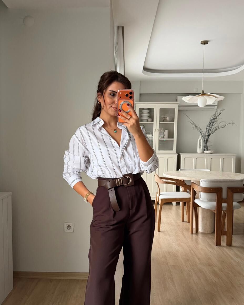 Çizgili Kahve Oversize Gömlek