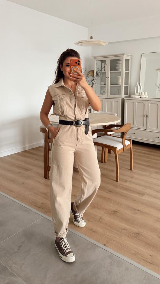 Kolsuz Denim Tulum Bej