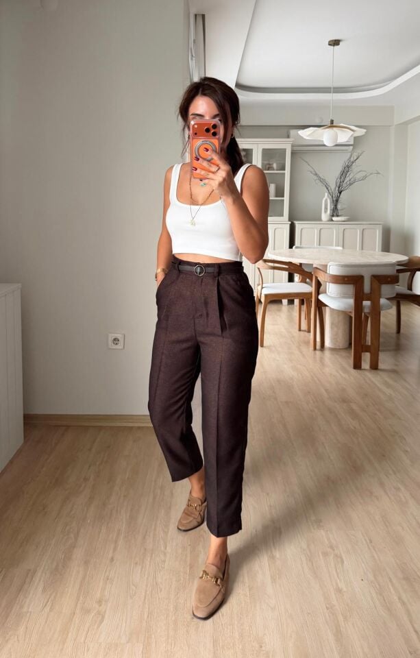 Kırçıllı Kemerli Pantolon Kahve