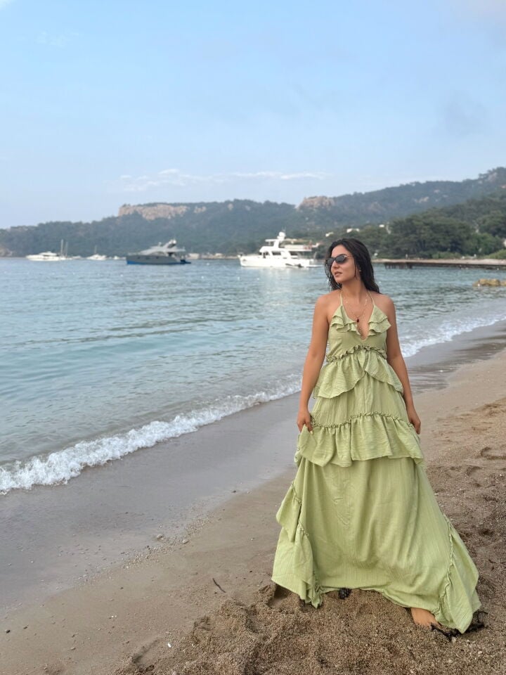 Fırfırlı Katlı Elbise Yeşil