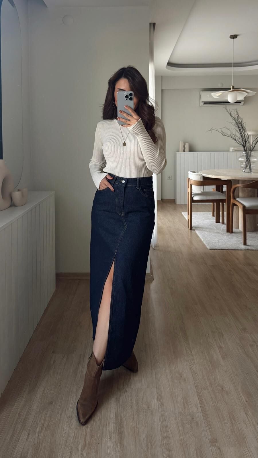 Yırtmaçlı Lacivert Denim Etek