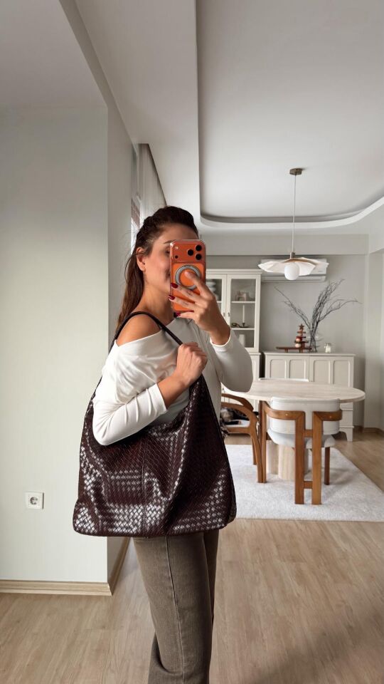 Woven Deri Çanta Kahve