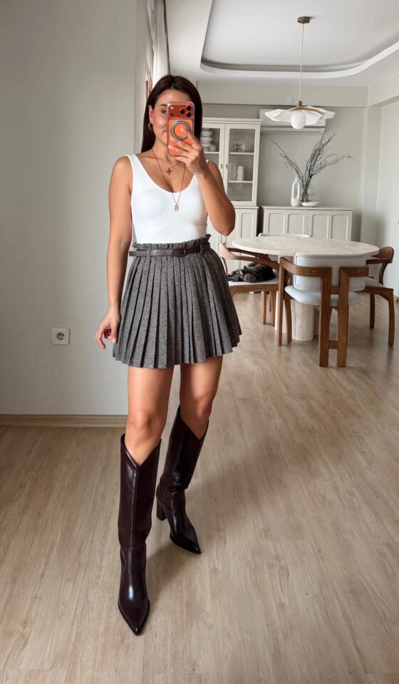 Kemerli Gri Pileli Etek