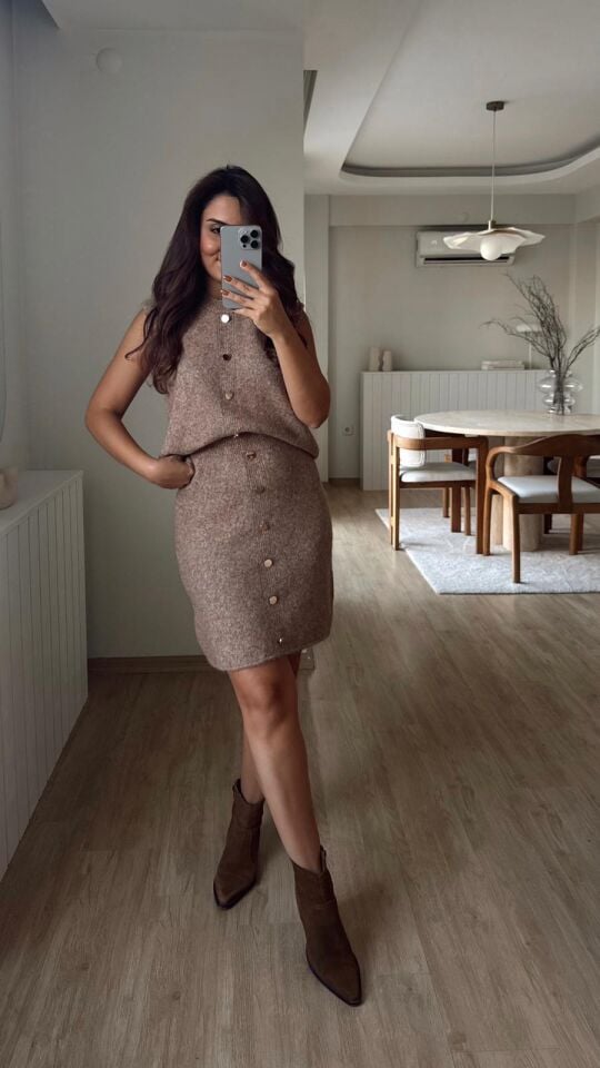 Etek Yelek Takım Koyu Bej