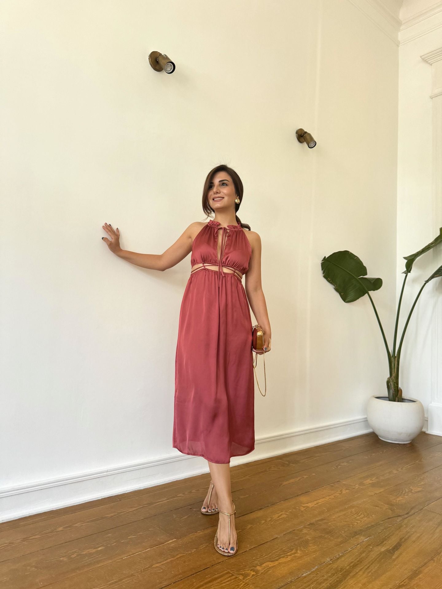 Kiremit İpli Dekolteli Elbise