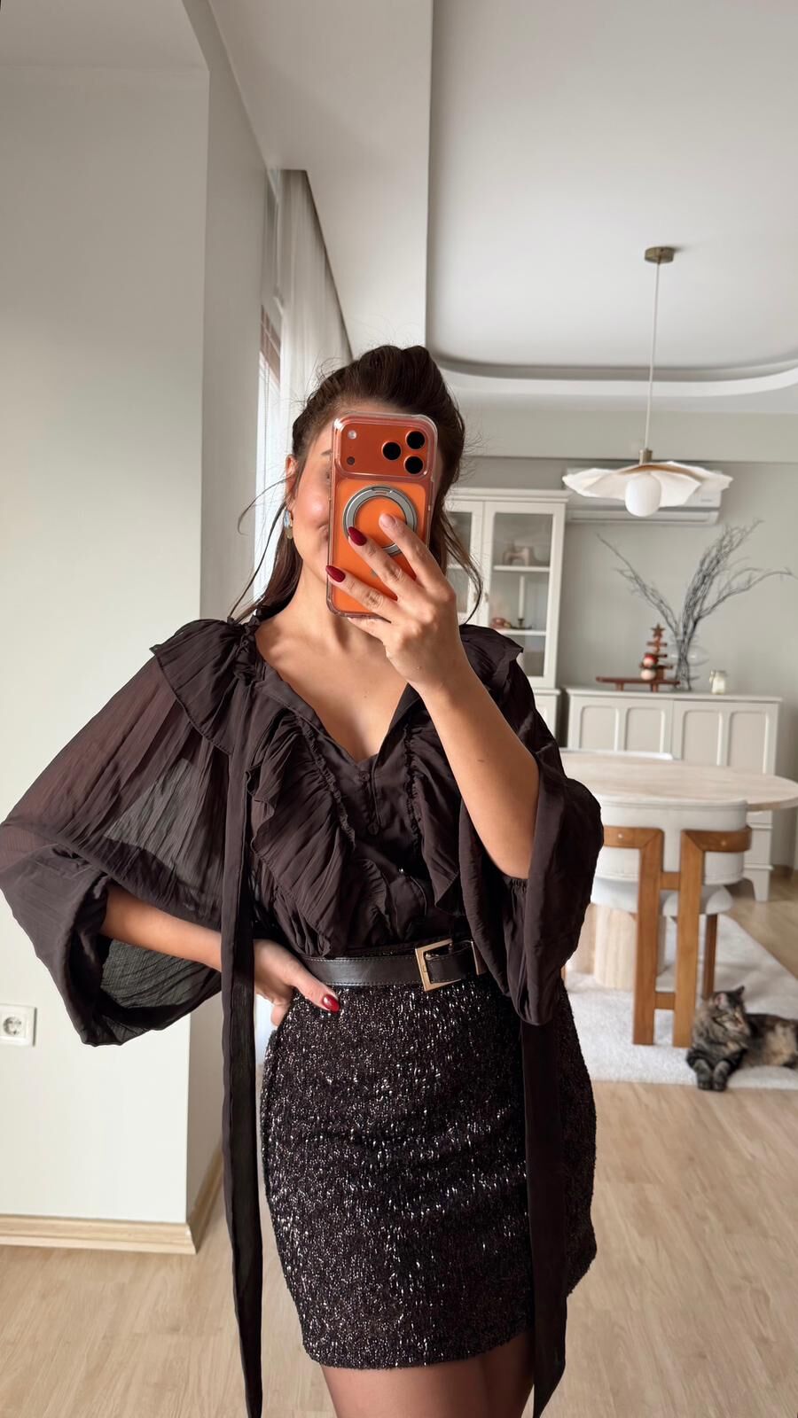 Fırfırlı Gömlek Bluz Takım Kahve