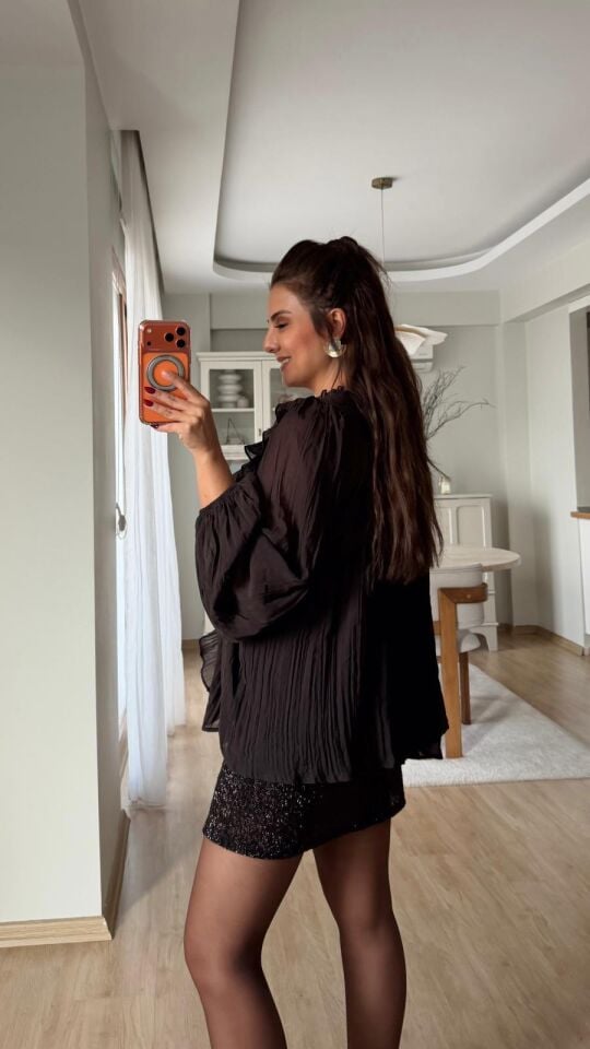 Fırfırlı Gömlek Bluz Takım Kahve