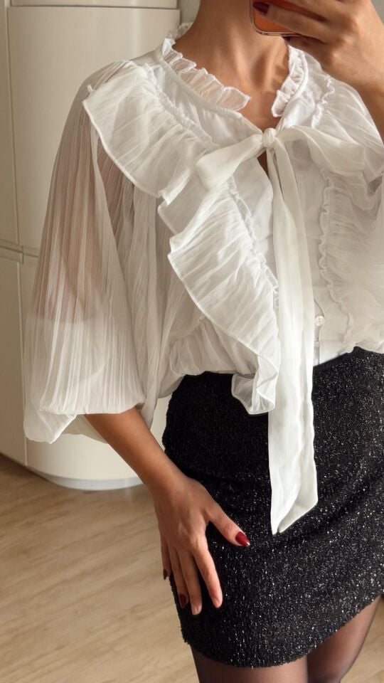 Fırfırlı Gömlek Bluz Takım Beyaz