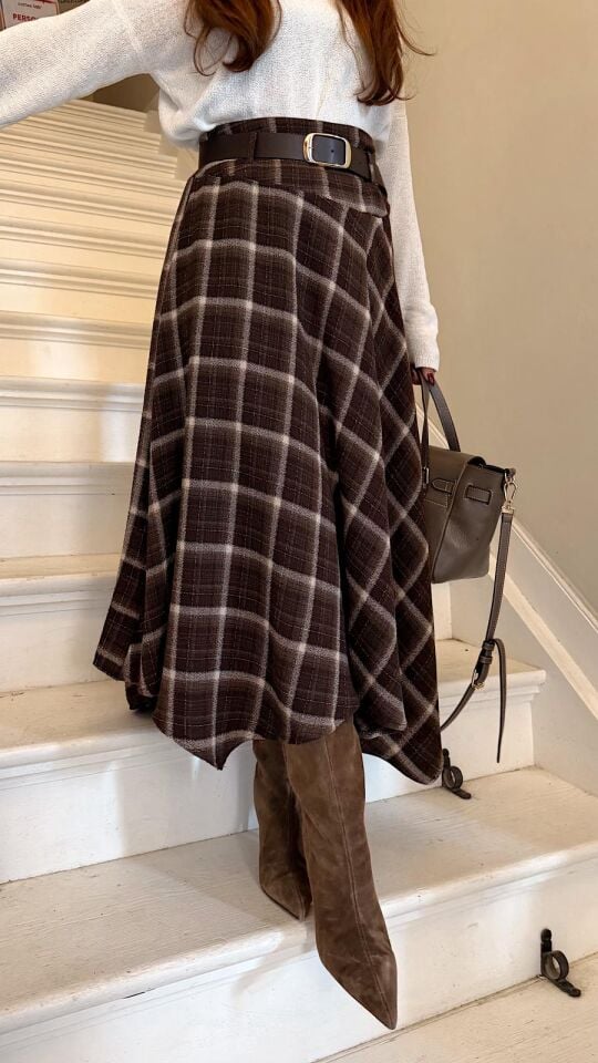 Kemerli Midi Ekose Etek