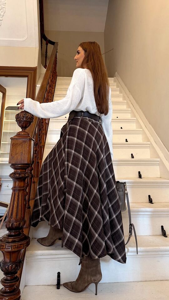 Kemerli Midi Ekose Etek