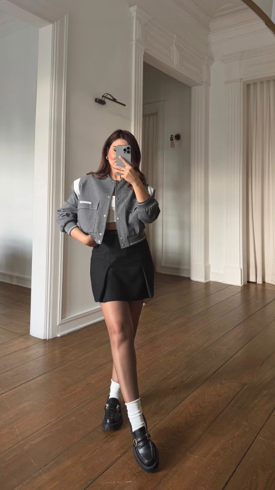 Dikişli Kumaş Bomber Gri