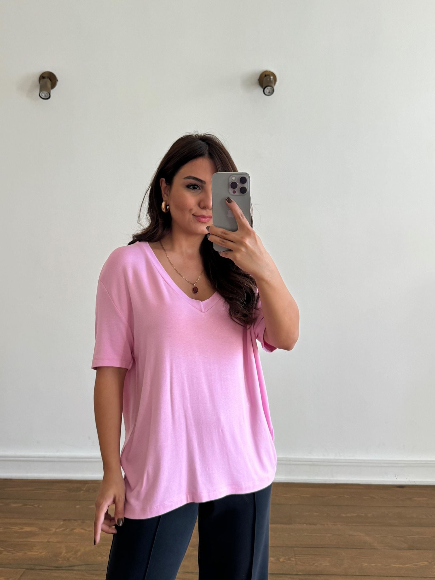 Pamuklu V Yaka Basic Pembe