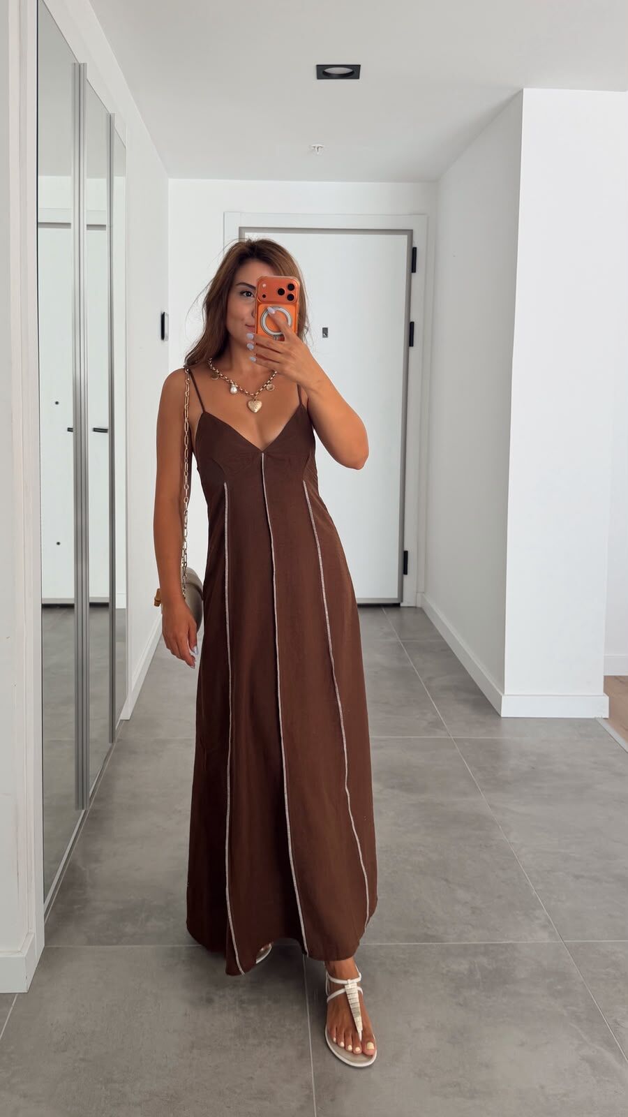 Kahve Garnili Maxi Elbise