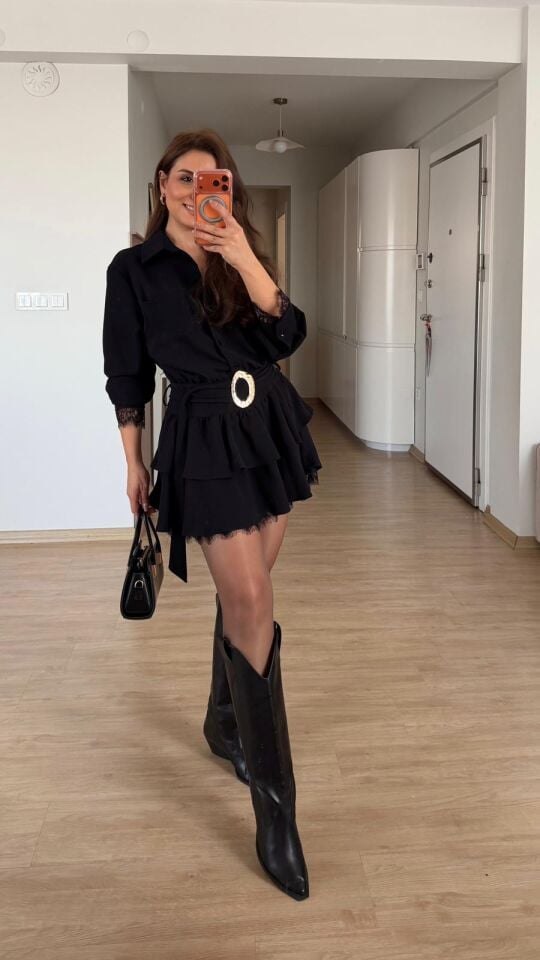 Gold Kemer Siyah Mini Elbise