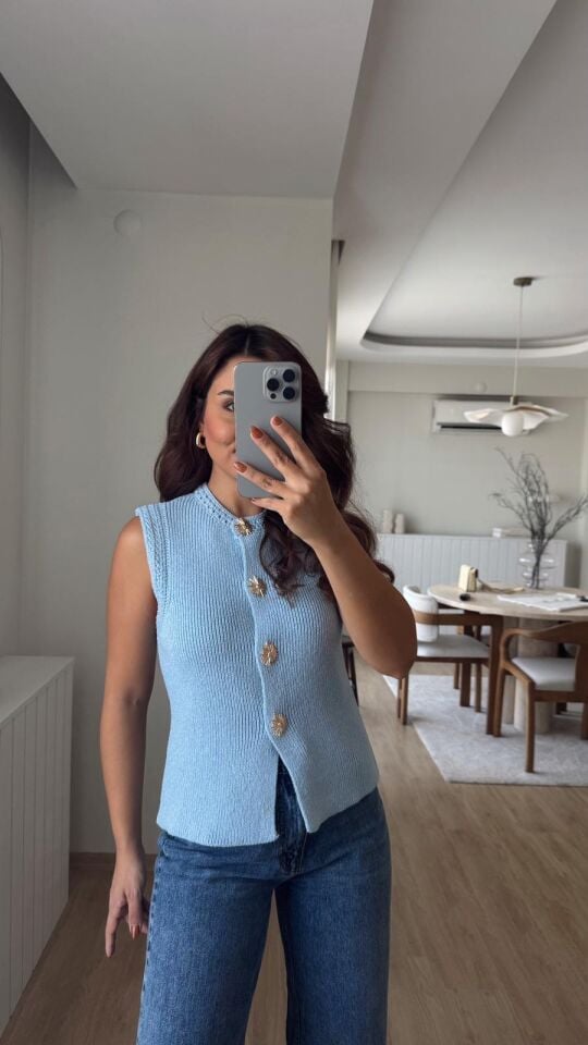 Gold Detay Yelek Mavi