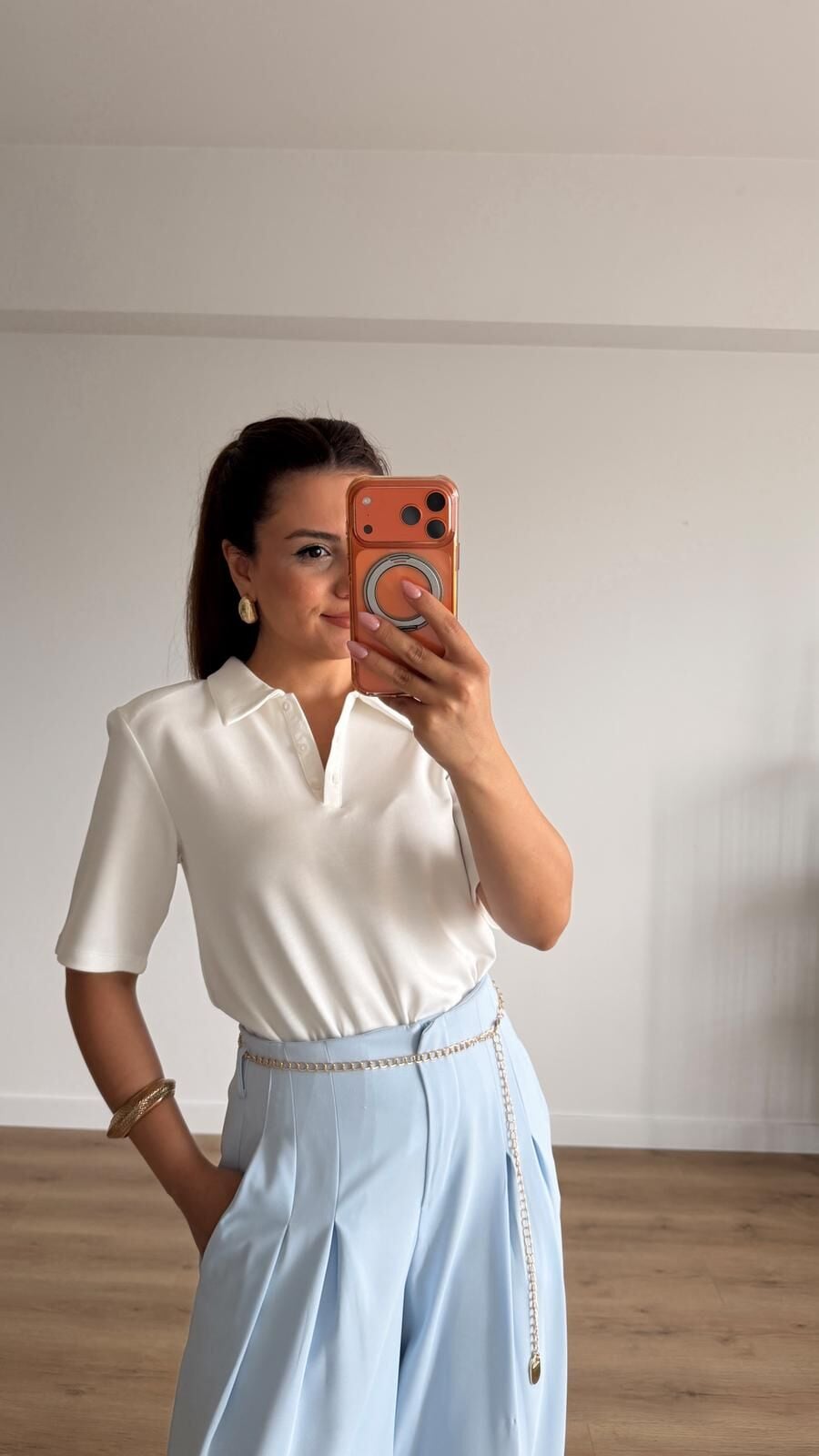 Vatkalı Polo Yaka Bluz Ekru