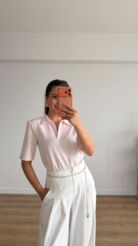 Vatkalı Polo Yaka Bluz Pembe