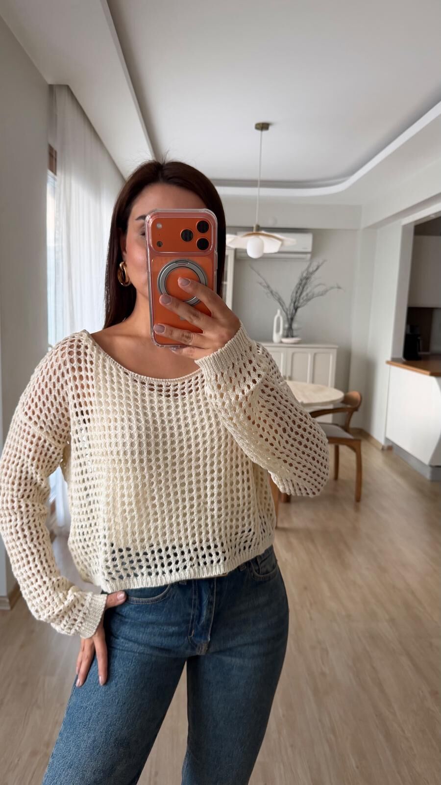 Ajurlu Crop Triko Takım Ekru