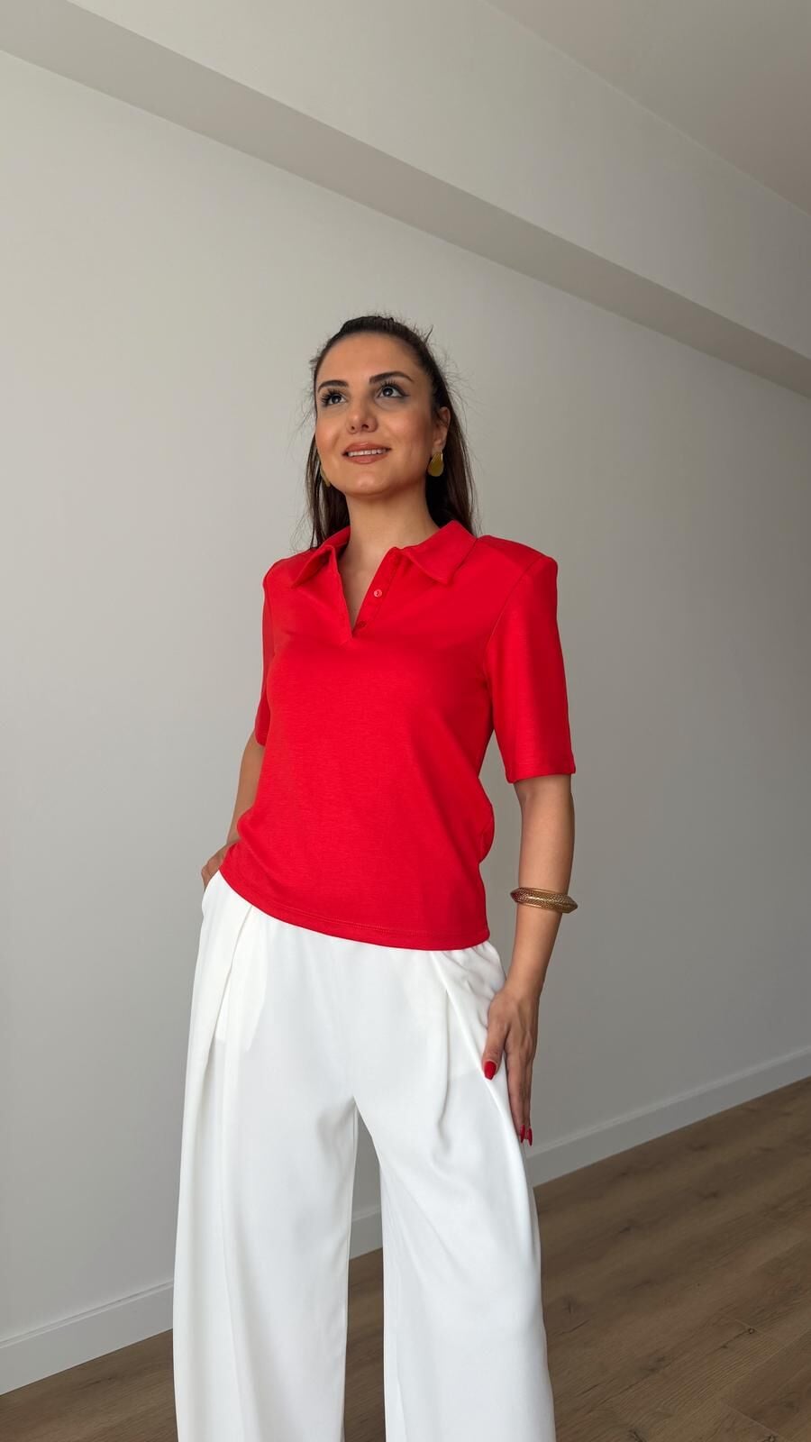 Vatkalı Polo Yaka Bluz Kırmızı