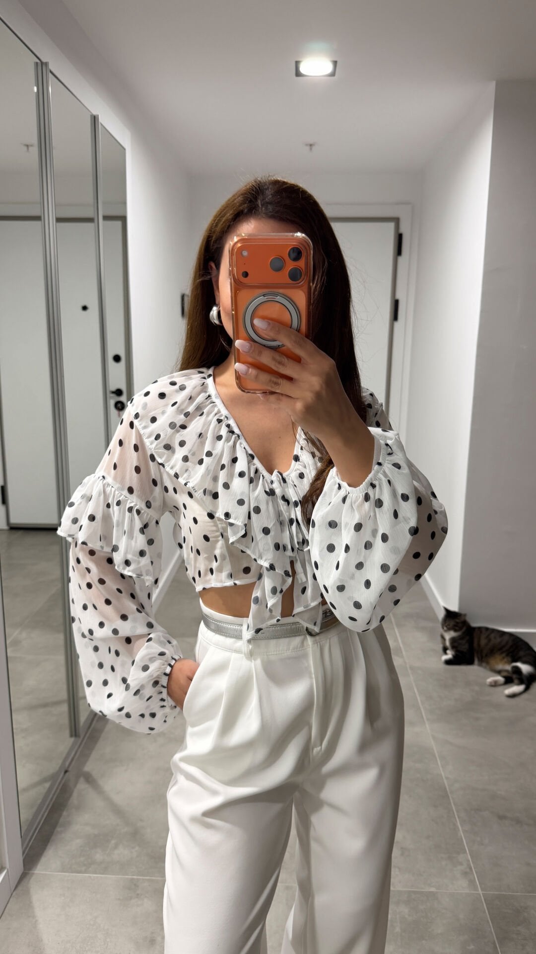 Puantiyeli Crop Bluz Beyaz