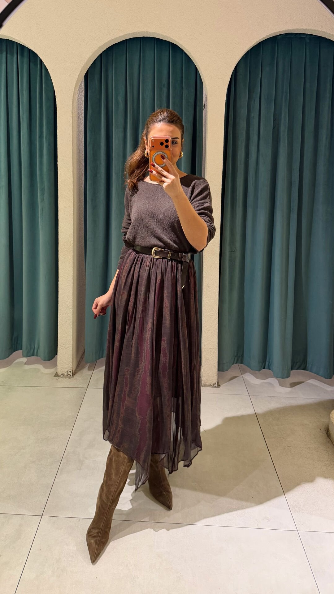 Şifon Desenli Etek Kahve