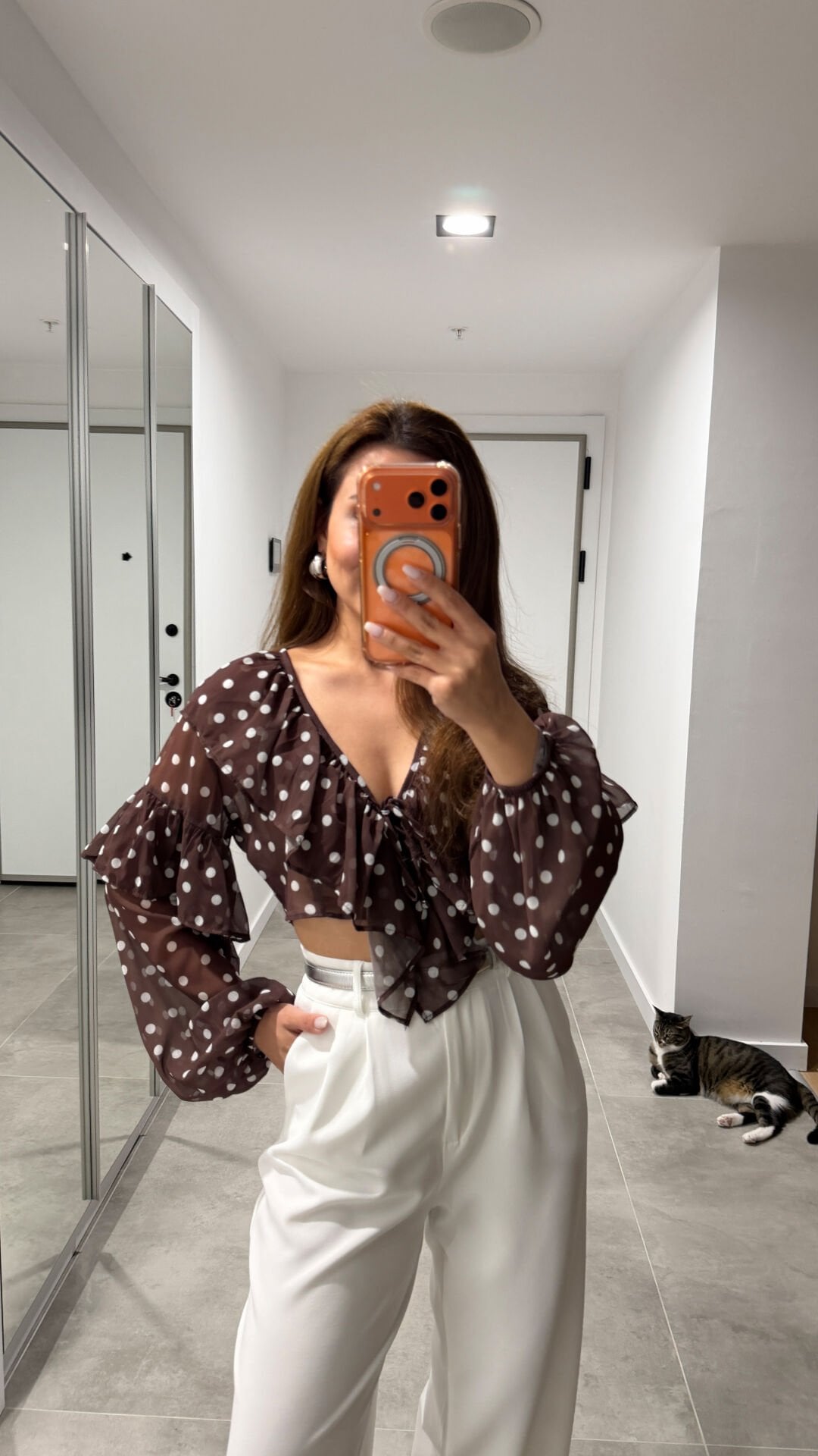 Puantiyeli Crop Bluz Kahve