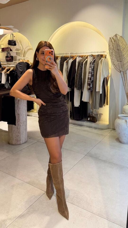 Kadife Baskı Drapeli Elbise Kahve