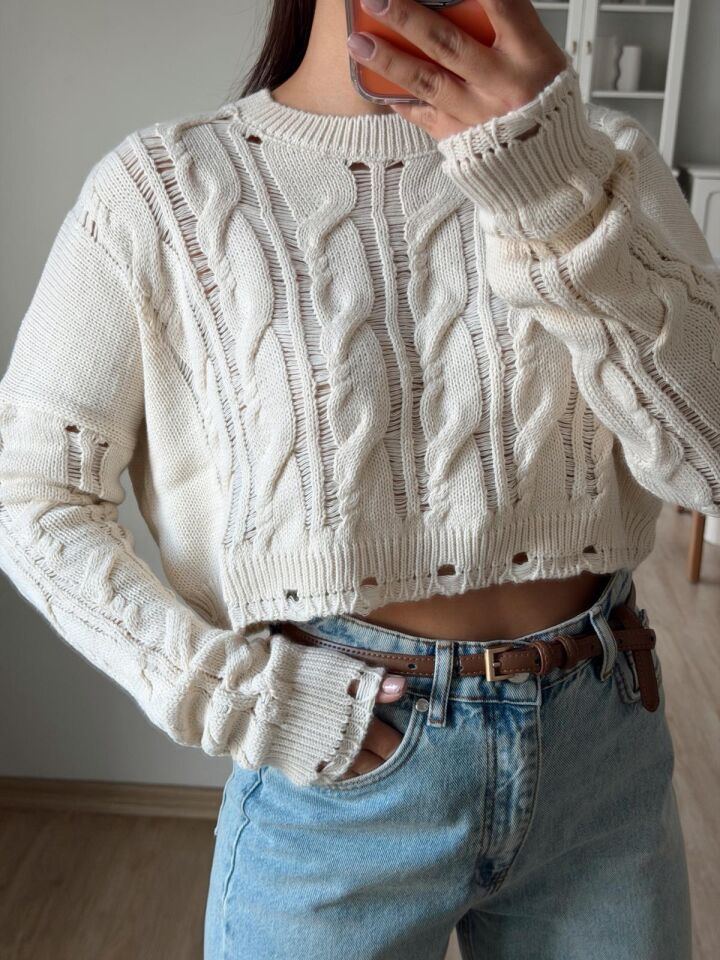Saç Örgü Crop Triko Krem