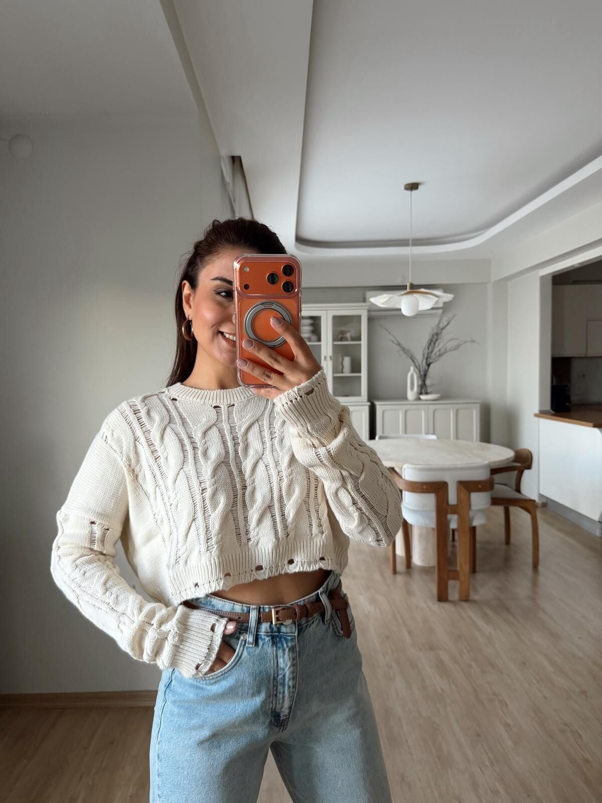 Saç Örgü Crop Triko Krem