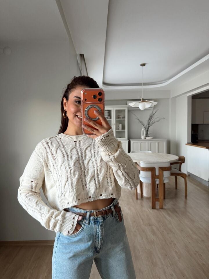 Saç Örgü Crop Triko Krem