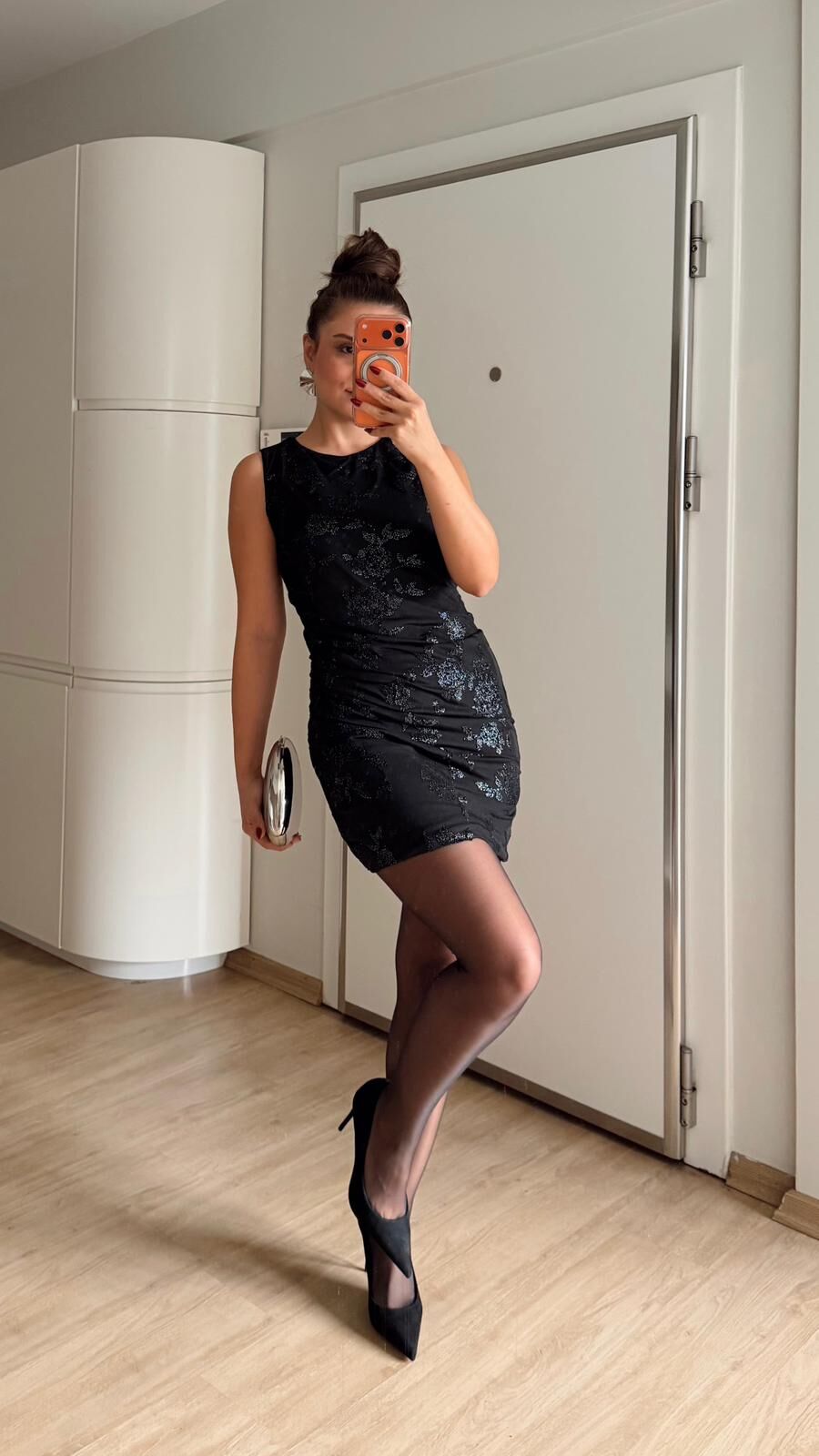 Kadife Baskı Drapeli Elbise Siyah